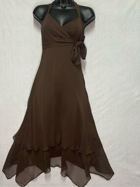 BCBG Max Azria Brown Silk Halter Dress Fairy Boho Whimsigoth Y2K Midi Asym Hem